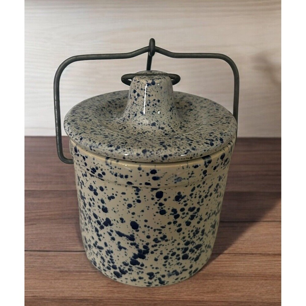Vtg Blue Speckled Soongeware Stoneware Butter Cheese Crock Bail Lid Farmhouse